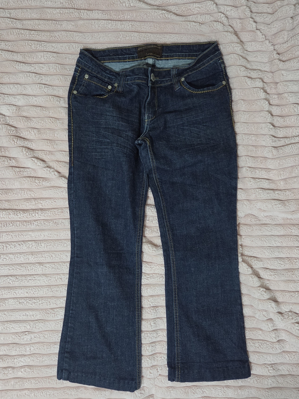 Low rise dark wash bootcut capris
